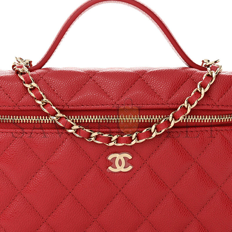 CHANEL CAVIAR QUILTED TOP HANDLE SLIM VANITY WITH CHAIN RED (19*11*5cm) 